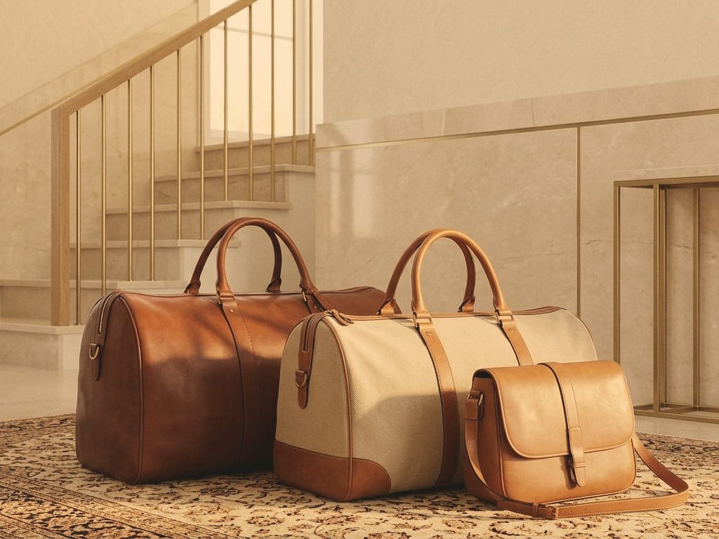 Three leather and canvas travel bags set down on a rug at the foot of a staircase in a light-filled hallway.
