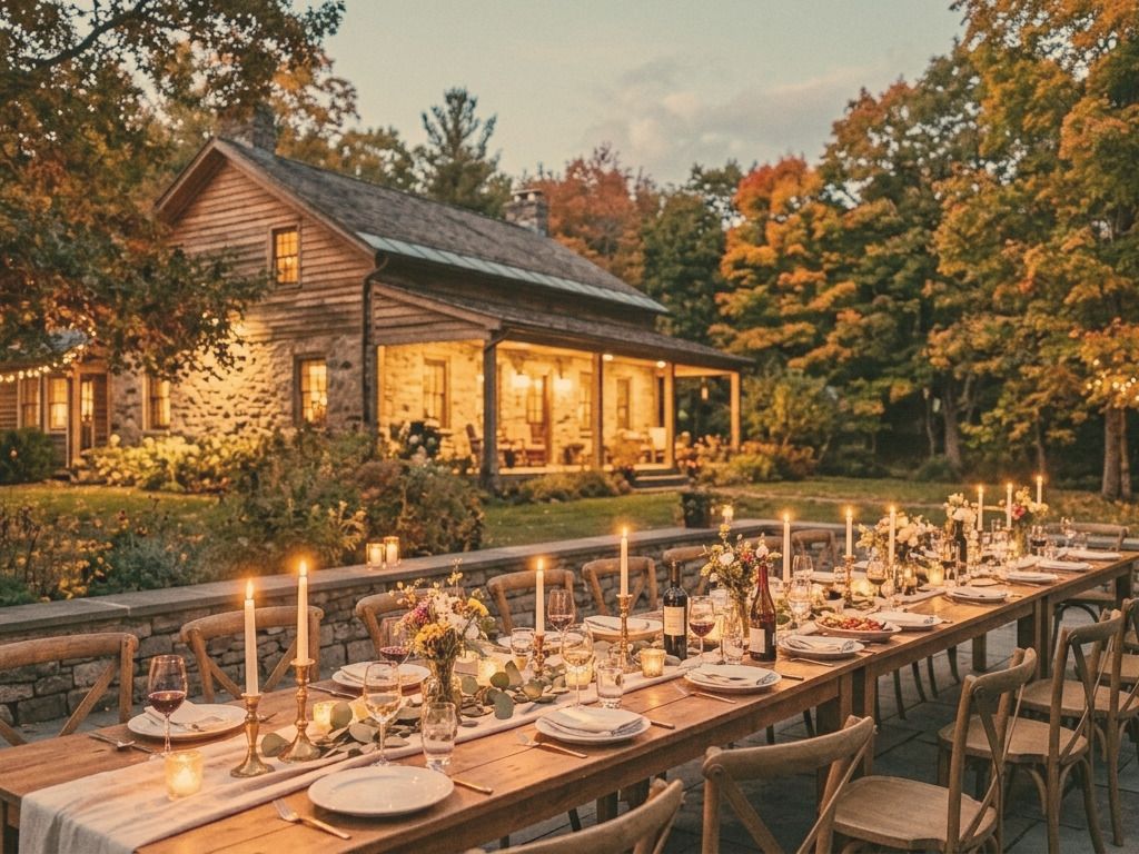 A long table laid with candles and wildflowers outside a lit stone house at dusk, autumn trees behind.