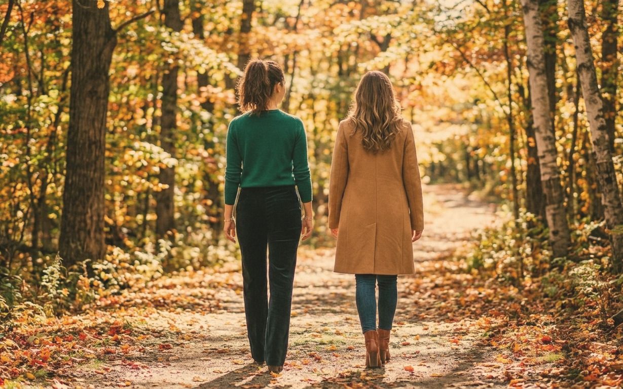 Two women walking away from the camera along a leaf-covered path through autumn woods.